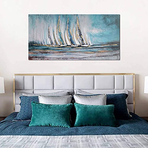 Anolyfi Sailboat Wall Art Canvas Teal Abstract Painting Textured Picture Artwork, Vintage Nautical Painting, Coastal Modern Print 58"x29" Frame for Living Room Bedroom Bathroom Office Home Decoration - Image 5