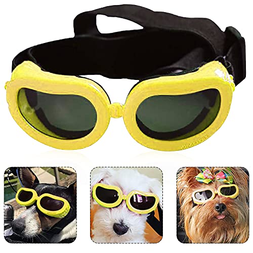 Occhiali Cani, Occhiali da Sole Cani, Impermeabili Occhiali per Cani, Occhiali da Sole per Animali Domestici, Occhiali di Sicurezza per Cani, Anti-UV, Antivento, Antinebbia (Giallo)