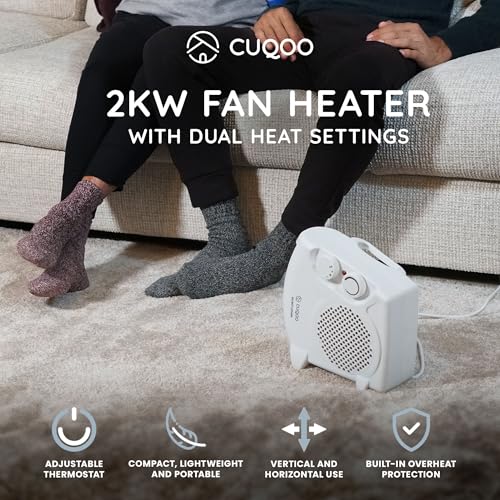 CUQOO Powerful 2KW Fan Heater with 2 Heat settings & Cool Function - Upright Electric Quiet Space Heater for Home with Variable Thermostat, Low Energy Usage