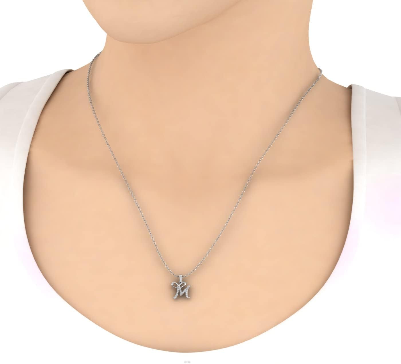 FINEROCK Diamond Initial Letter Pendant Necklace in 10K White Gold (with Silver Chain) - IGI Certified