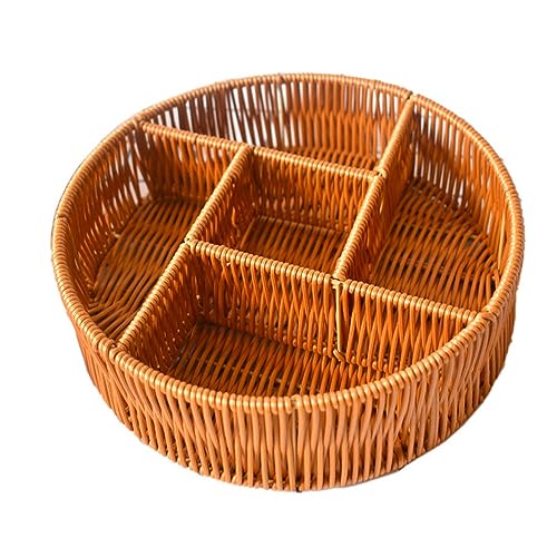 Qianly Divided Basket Organizer Imitation Rattan Bread Basket Storing Snacks Small Items Food Serving Basket Woven Fruit Basket for Bathroom Holiday, Round
