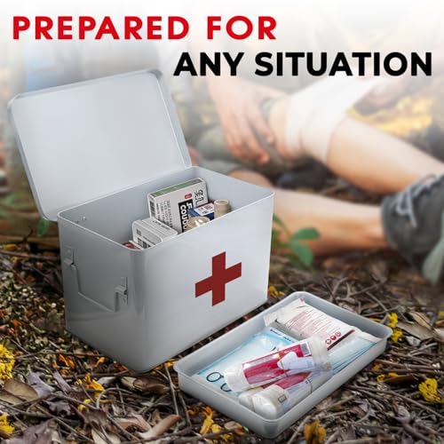 Image of Plexon 8.5 inch Metal First Aid Box Empty, Medicine Storage Bin with Lid, Emergency Supplies Organizer, Portable First Aid Kit Case, White