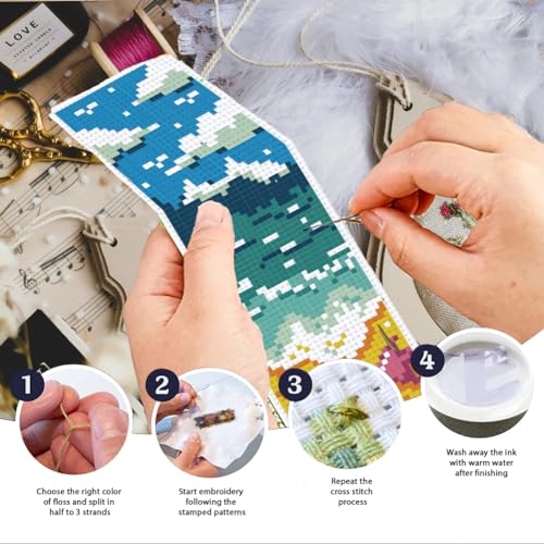 INFUNLY 6pcs Scenery Cross Stitch Bookmark Kit DIY Beach Stamped Embroidery Bookmark Kits 8x2.4 Mountain Needlepoint Bookmark Kit with Instruction Aurora Easy Cross Stitch Kits for Adults Beginners - Image 4