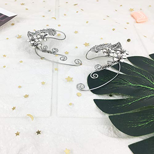 Elven Ear Cuffs For Women, Handmade Elf Fairy Earrings Cuff Wrap Clip-On Filigree Earrings For Fantasy Fairy Halloween Costume, Cosplay, Wedding, Handcraft (Silver) #TOP3