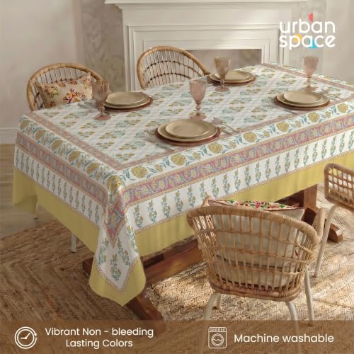 Image of Urban Space 100% Cotton Dining Table Cover 4 Seater, Jaipuri Handblock Cotton Table Cloth for Center Table, Dining Room Table Cover (Size 48 inch x 72 inch - 4 Seater, Amberjaal Yellow)