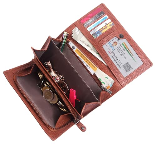 Image of WildHorn Women's Genuine Leather RFID Blocking Wallet | Tri-Fold High-Capacity Ladies Purse with Card Slots, Zipper Coin Pocket & Snap Closure | Ideal Gift for Women (Tan)