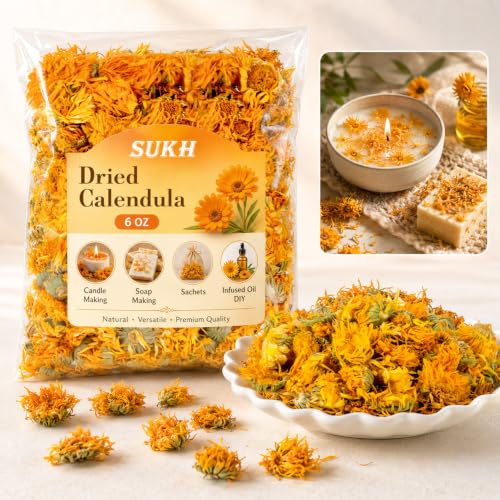 Image of Sukh 6oz Dried Calendula Flowers Bulk - Natural Marigold for Soap Making | Calendula Herb Dried Flowers for Candle Bath Bombs Sachets, Wedding Home Event Decor, Natural Botanical DIY Craft Supplies