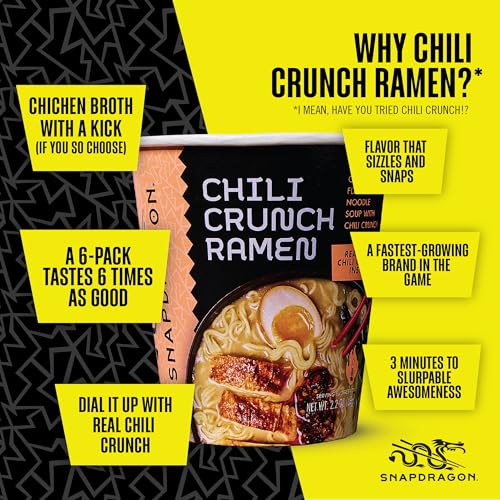 Image of Snapdragon Chili Crunch Ramen Cup Noodles - 6 Pack Instant Ramen Bowl with Authentic Wheat Noodles, Soup Sauce Base, Vege Pack and Chili Crunch Oil. Microwave or Hot Water, Easy Meal Prep (4.23oz x 6)