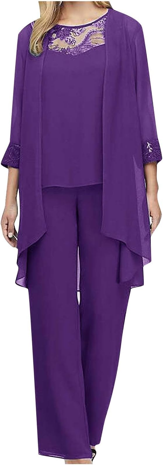Mrat 3 Piece Outfits Women Casual Plus Size Womens Chiffon Trouser Suits Elegant Mother of The Bride Pants Suits Plain Cardigan Sleeveless Lace Vest Top Trousers Set Wedding Guest Outfits
