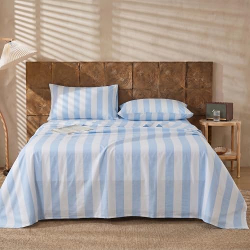 Image of Merryword Blue and White Striped Sheet Set Queen Size - 100% Cotton Striped Bedding 4 Pieces, Soft Breathable Percale Weave, 17.5 inch Deep Pocket, Luxury Linen Like, All Season Comfort