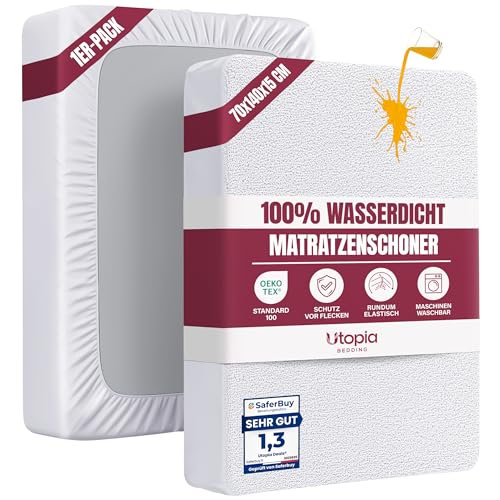 Utopia Bedding Matratzenschoner 70 x 140 x 15 cm Wasserdicht Oeko-TEX Zertifiziert Matratzenauflage Atmungsaktive Matratzenschutz Rundum Elastisch Weiß