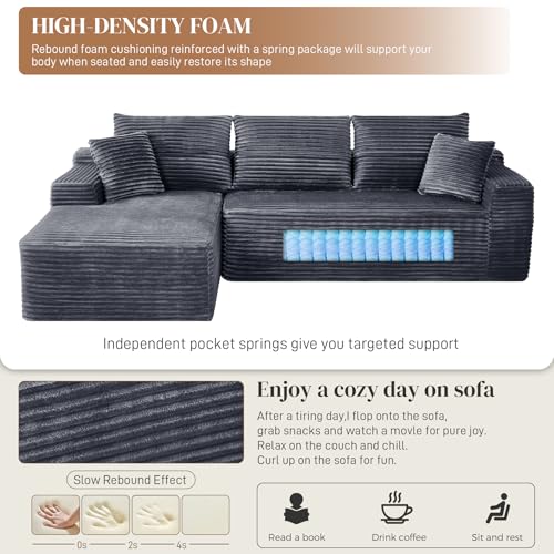 Image of 108 inch L Shaped Cloud Boneless Sectional Couches for Living Room, Modern Comfy Modular Deep Seat Memory Foam Compressed Corduroy Sofa Oversized Left Facing Chaise, No Assembly Required, Grey
