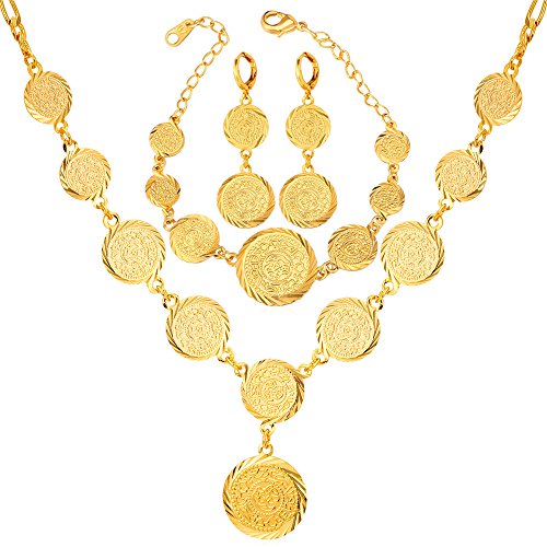 U7 Women 18K Gold Plated Muslim Symbol Coin Beaded Necklace Bracelet Earrings Set