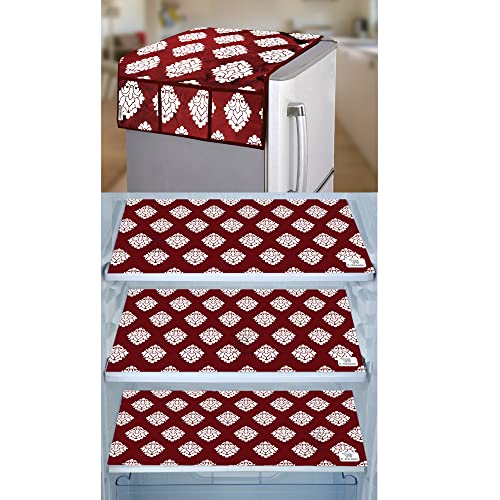 Image of Polyester 3-Layered Fridge Top Cover /Refrigerator Cover with Utility Pockets and Set of 3 Pc Fridge Mats (Color-Maroon, Size-39x21 Inch)