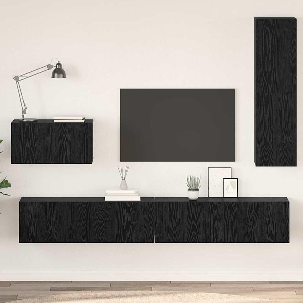 Meuble TV Mural en Bois d'ingénierie chêne Noir 4 pcs avec étagères, Porte à charnières, Rangement Suspendu pour Salon, Support Console Moderne et Design scandinave