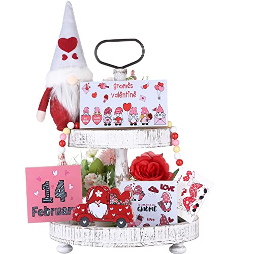 6 x abgestufte Tablett-Dekoration, niedliche Bauernhaus-Zwerge, Holzschild & Zwerg Plüsch & Holzperlen-Girlande, rustikale Dekorationen für Geschenk, Hochzeit, Party, Haus, Zuhause Cover