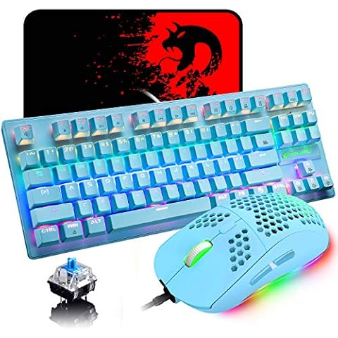 Mechanical Gaming Keyboard Blue Switch Mini 82 Keys Wired Rainbow LED Backlit Keyboard,Lightweight Gaming Mouse 6400DPI Honeycomb Optical,Gaming Mouse Pad for Gamers and Typists(Blue) Cover