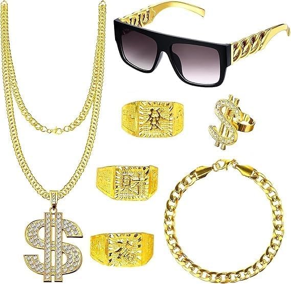 Aitsite 7 Pcs Hip Hop Party Decorations, 80s 90s Hip Hop Costume Kit for Men Women, Fake Gold Chain, Hip Hop Ring, Hippie Glasses for Hippie Rapper Disco Theme Party Cosplay