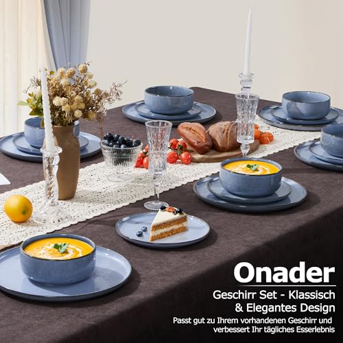 Geschirr Set für 6 Personen, Onader 18 Teiliges Steinzeug Tafelservice Kombiservice, je 6 Speiseteller, Dessertteller, Müslischalen, Spülmaschinenfest & Stabil - Gelassenheit Blau