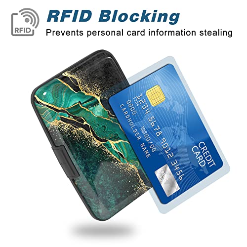 Image of Credit Card Holder, Mini Aluminum Card Wallet RFID Blocking Slim Metal Hard Card Case for Women Men, Green Black Marble