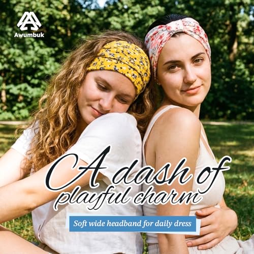 Image of Awumbuk Wide Headbands for Women Knotted No Slip Head Bands Soft Turban Headband Hair Accessories Boho African Solid Color Head Wraps for Women Yoga Workout (Floral purple)