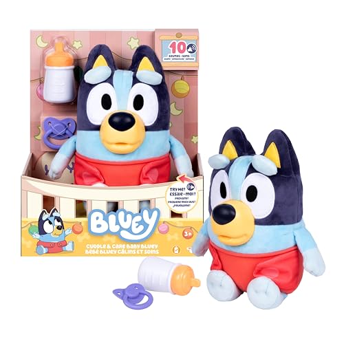 Bluey Bebé mimos e cuidados, cuida, alimenta e acalma bebé, peluche eletrónico de 28 cm com 10 sons diferentes de bebé, 2 acessórios e fraldas removíveis