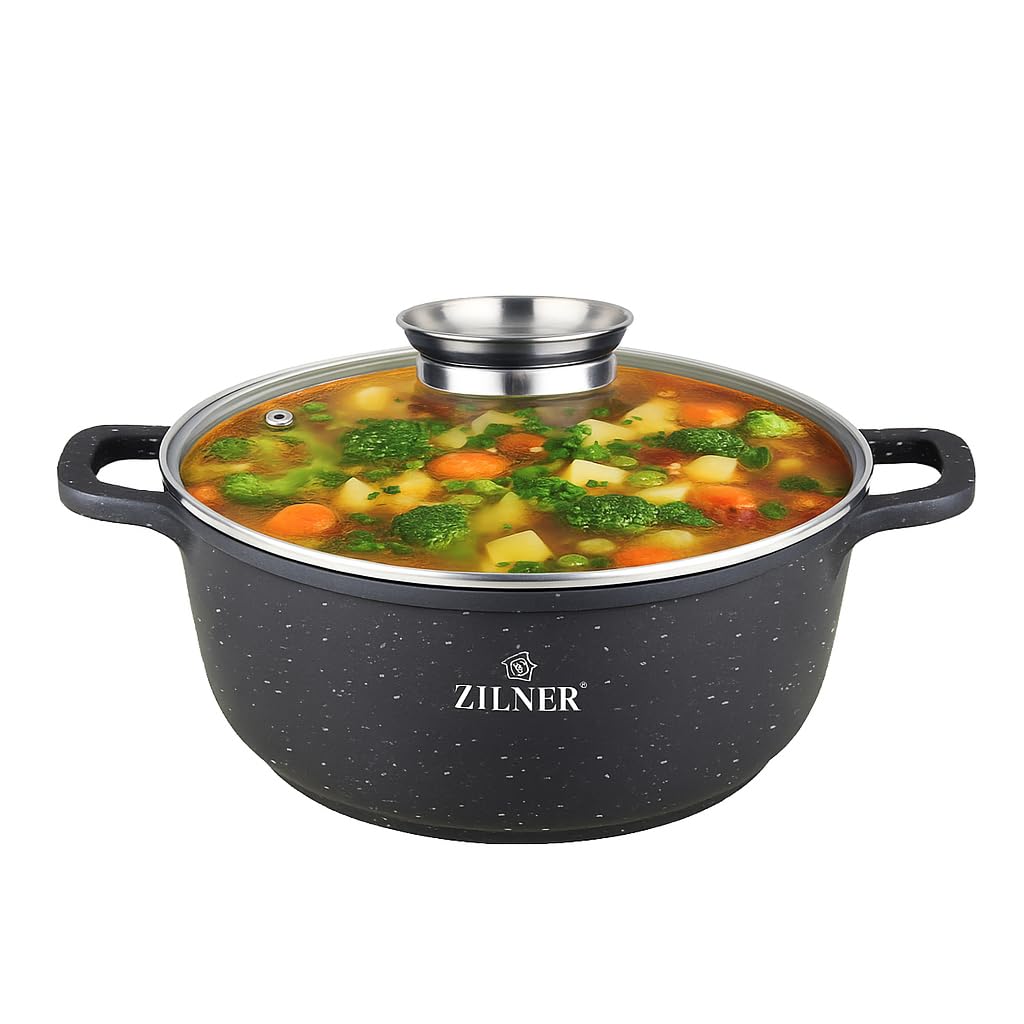 Lot de 17 Casseroles et Poêles, Revêtement Marbre et Céramique, Noir | Couvercles en verre, antiadhésif, tous feux dont induction, gaz, électrique, vitrocéramique, aluminium, poignées isolantes
