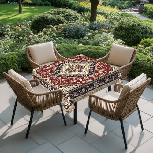Yesad Square Tablecloth 54x54In Floral Table Cover 60x60In Washable Table Cover for Party Restaurant, Picnic, Indoor and Outdoor Dining, 54x54In, Red Ethnic Folk Style by Yesad - Image 3