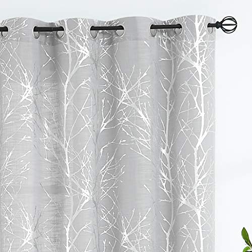 FMFUNCTEX Metallic Grey Sheer Curtains Living-Room Branch Print Silver Tree Curtains 84 inches Linen Texture Semi-Sheers for Bedroom Window Treatment Set Grommet Top, 2Panels