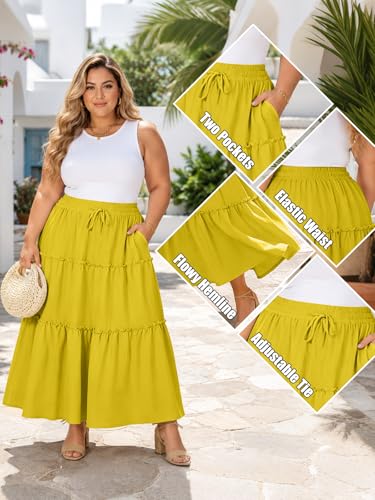 Image of Moon Wood Plus Size Maxi Skirts for Women Trendy Long Flowy Boho Tiered Skirt Renaissance Summer Beach Skirt with Pockets