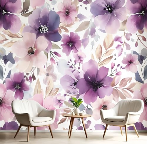 JEDTAKCT Papier Peint Panoramique 200X140Cm Aquarelle Florale Impression Jardin Naturel Papier Peint Décoration Murale Poster Prune Fresque Murale Salon...