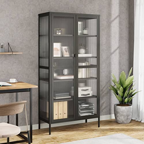 Festnight Vitrinas Salón Aparador de Cocina Armario Cocina de Almacenaje Estantería Librería Alta con 2 Puertas de Vidrio y Acero Armario Multiuso para Cocina Oficina Estudio 85x40x180 cm Negro