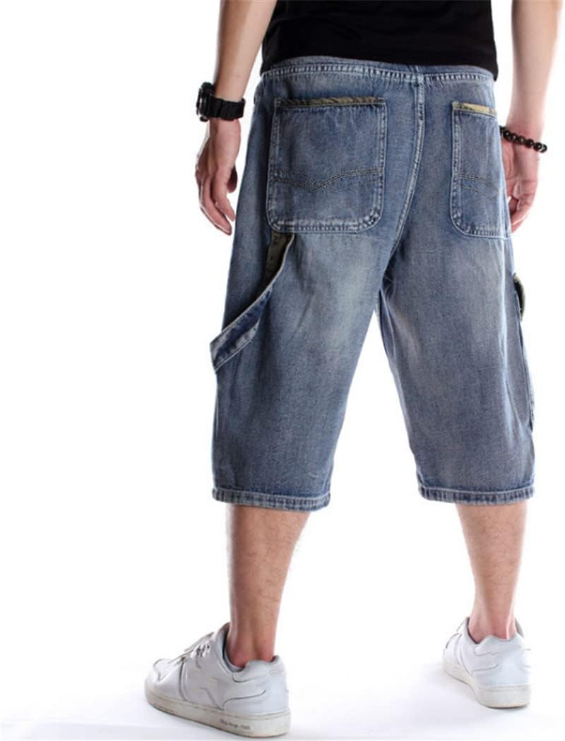 Mens Loose Baggy Denim Short Streetwear Hip Hop Long 3/4 Capri Cargo Jeans Shorts Pocket Bermuda Shorts