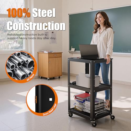 Image of 3 Shelf Metal Utility Cart - Durable Computer Cart on Wheels with Power Strip,Height Adjustable AV Presentation Cart Stand for Movie Projector,TV and Laptop Computers,Easy to Assemble, Black