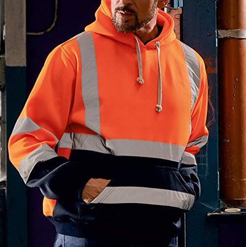 Mens Reflective Hoodie Hi Vis Workwear Pullover Jumper Work Hooded Sweatshirt Security Tops High (Orange-B, Xl) #TOP2
