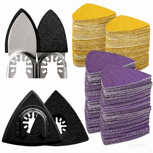 Image of Oscillating Tool Sanding Pads Kit 114Pcs | 2Pcs Triangle Sanding Pads and 2Pcs Finger Sanding Pad, 110Pcs Multitool Sandpaper Set, Grit Fit for Finishing Wood Sanding