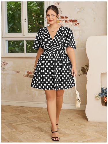 Image of Floerns Women's Plus Size Printed V Neck Short Sleeve Ruffle Hem Summer Short Dresses