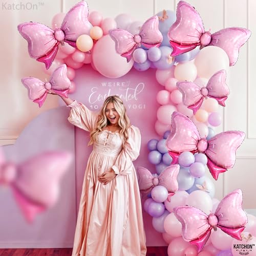 Image of KatchOn, Giant Pink Bow Balloons - 35 Inch, Pack of 8 | Bow Foil Balloons for Birthday Decoration | Pink Bow Balloons For Baby Shower Decoration, Gender Reveal