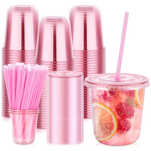 KesaPlan 50 Pack 12 oz Pink Plastic Party Cups with Lids and Straws Disposable Iced Coffee Cup with Lids Round Bottom Drinking Cups for Birthday Wedding Valentines Galentines Bachelorette Party