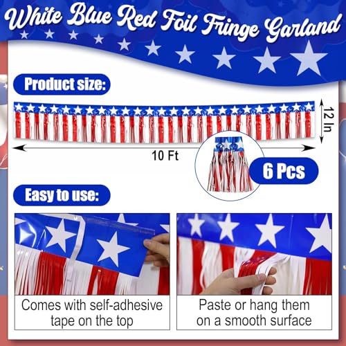 Image of 6 Pack 10 Feet Foil Fringe Garland Metallic Tinsel Streamers Banner Wall Hanging Backdrop Banner for Parade Floats, Thanksgiving, Christmas, Birthday, Halloween Party Decorations White red Blue