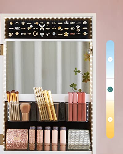 SONGMICS Schmuckschrank, Wandmontage, Organizer mit LED-Lichtern, Aufbewahrungsschrank, mit rahmenlosem Spiegel, integrierter Schminkspiegel, 2 Schubladen, abschließbar, Weiß JJC013W01