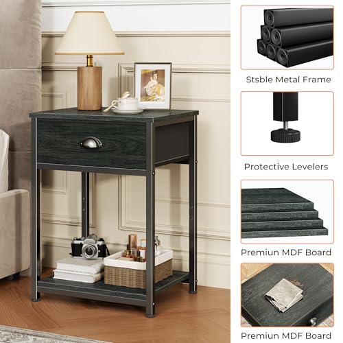Image of Furologee Nightstand with Fabric Drawer & Storage Shelf, Small Side Table for Small Space, 2 Tiers Industrial End Table for Living Room, Bedroom, Black Oak