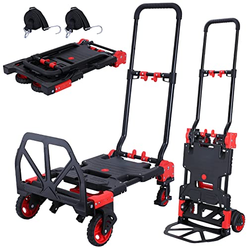 2-in-1 Folding Hand Truck Dolly 330LB Load Carrying,Hand Truck Foldable Dolly with Retractable Handle and 4 Rubber Wheels,Portable Folding Hand Cart for Luggage/Travel/Office by JJSMKCH - Used condition - US$98.61