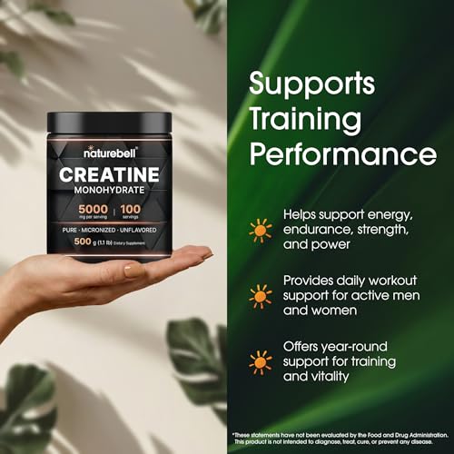 Image of NatureBell Micronized Creatine Monohydrate Powder - 500g - 5000mg Creatine for Women & Men - Unflavored Powder - Easy-to-Mix - Pre & Post Workout Support - Vegan, Keto Friendly - 3rd Party Tested
