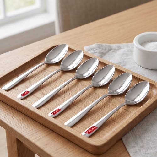 HAZEL Stainless Steel Spoon Set of 6 | 16cm Durable Steel Spoons for Kitchen & Dining | Rust-Resistant Cutlery