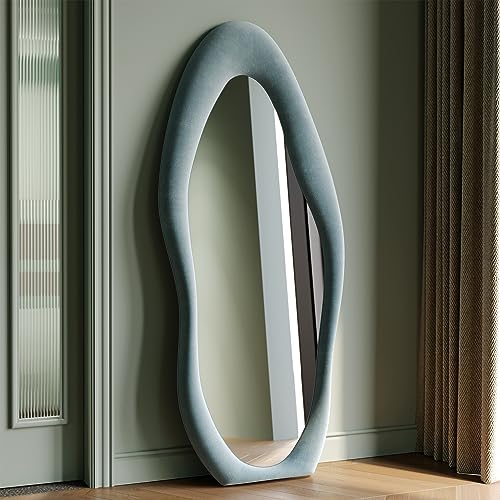 Image of Honyee Full Length Mirror, 63" x 24" Wall Mirror, Flannel Wrapped Wooden Frame Full Body Mirror, Irregular Wavy Mirror Hanging or Leaning Against Wall for Cloakroom/Bedroom/Living Room, Blue