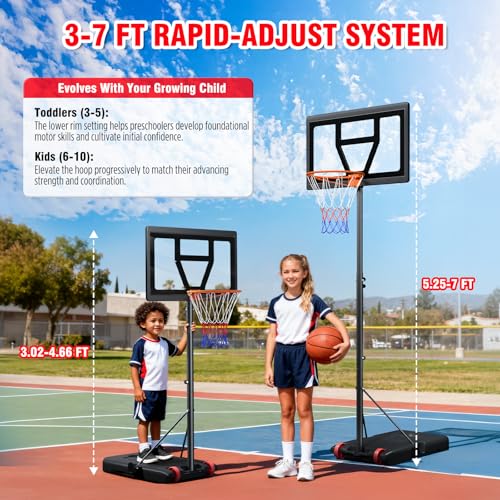 Yohood Kids Basketball Hoop Outdoor Height Adjustable 3-7 FT, Portable Basketball Goal System for Kids Youth Teens in Backyard/Driveway/Indoor, Shatterproof Backboard and Fillable Stable Base