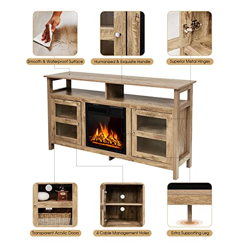 Tangkula Fireplace Tv Stand, Farmhouse Media Console Table W/18 1500W Electric Fireplace For Flat Screen Tvs Up To 65", Modern Fireplace Space Heater W/Adjustable Brightness & Remote Control (Grey) #TOP3
