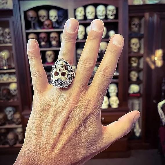Vintage Polish Floral Armor Antler Skull Ring, Adjustable Open Gothic Skull Rings, Unique Skull Vintage Ring Jewelry Gift for Him (8-11)3
