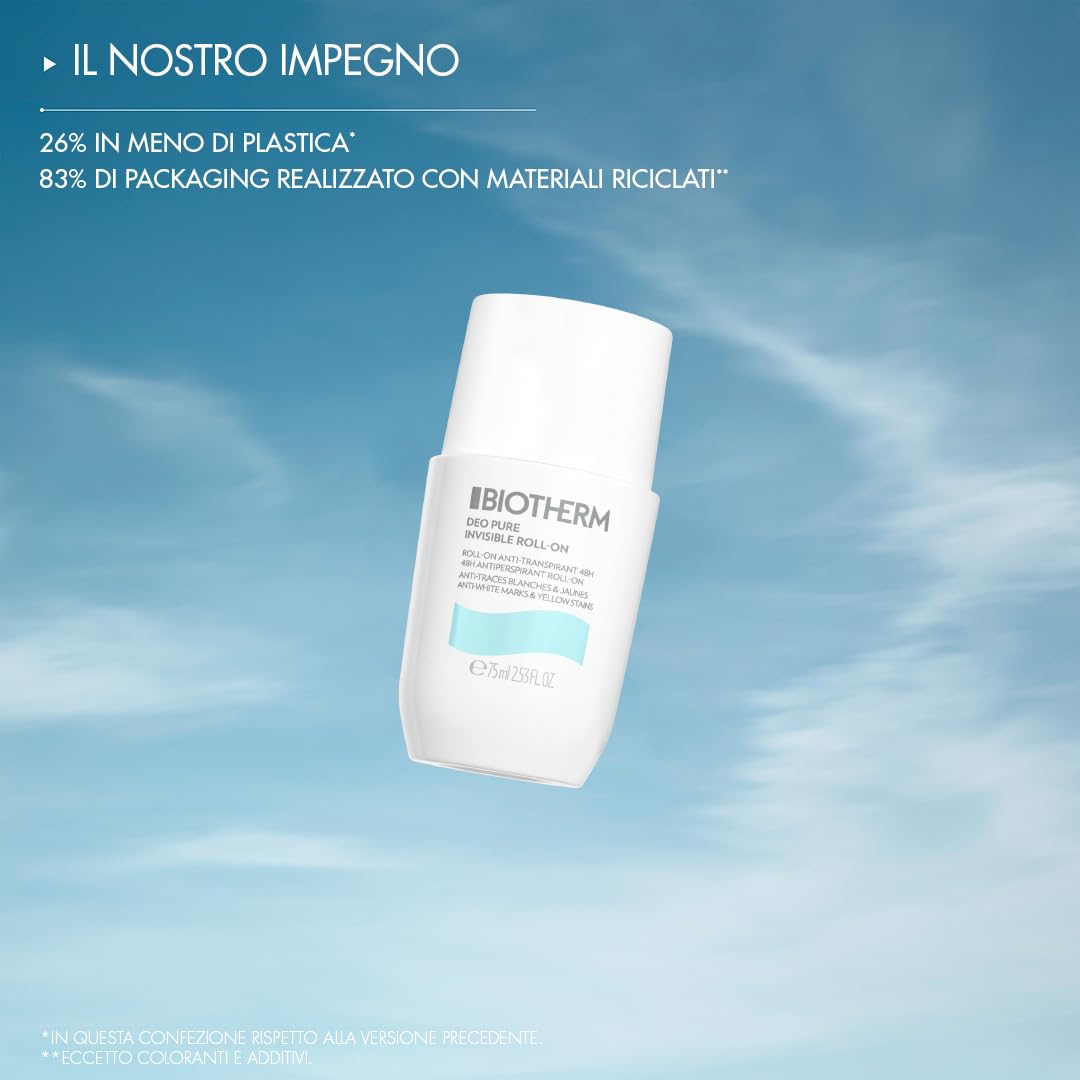 BIOTHERM, Deo Pure Invisible Roll-On, Deodorante Roll-On Antitraspirante, Efficace fino a 48H, Anti Macchie Bianche e Gialle sui Vestiti